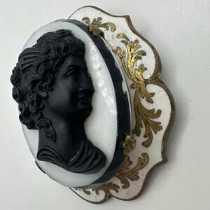 Antique Art Deco 1930s gold tone black milk glass cameo champleve enamel brooch